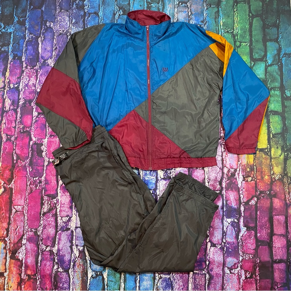 VTG JC PENNY EXCLUSIVE USA OLYMPIC WIND BREAKER LONG SLEEVE Burg/Blue/Yellow XL